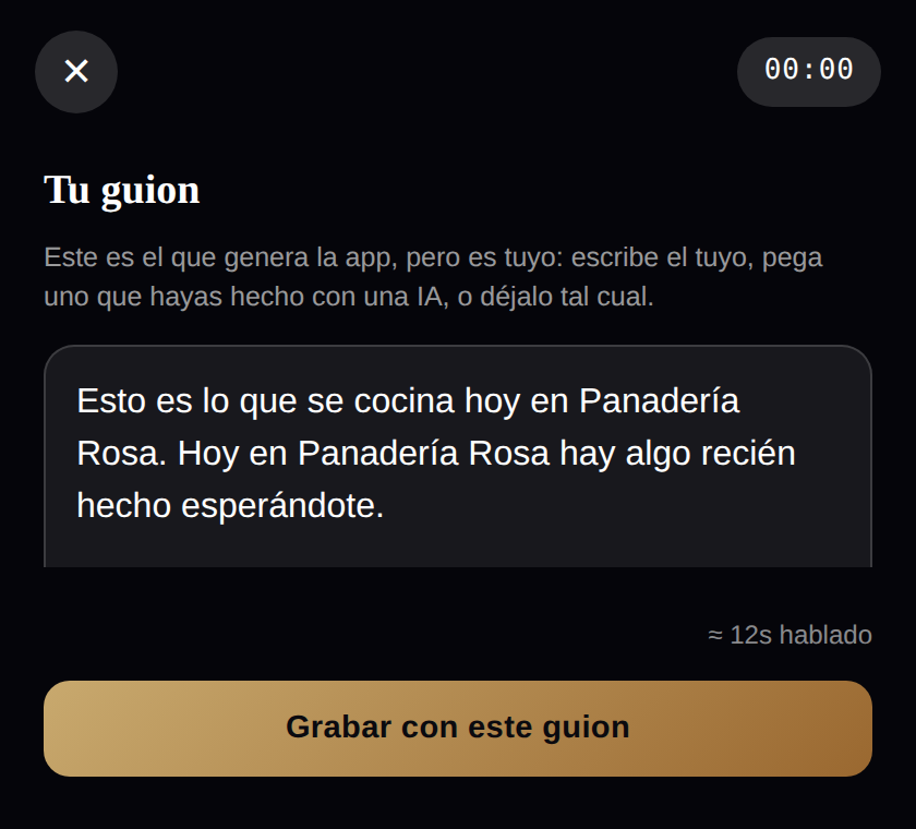 Captura real de Publicador Diario: la pantalla del guion editable antes de grabar un reel